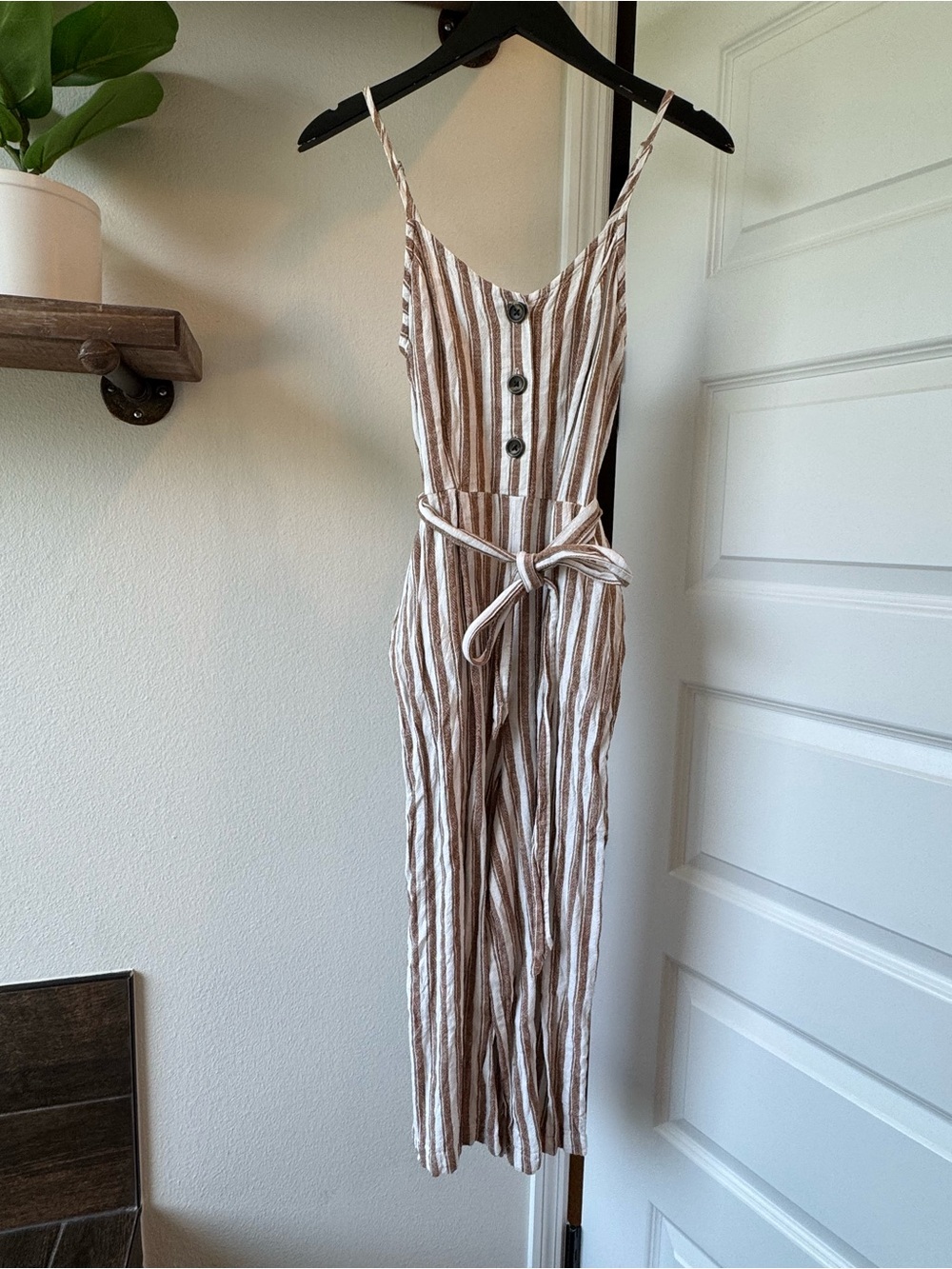 Universal Thread Striped Brown & Cream Linen blend Jumpsuit with Tie Waist